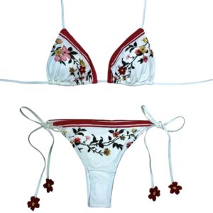 Raffaela D'Angelo Bikini triangolo stampa piazzata con fiori macramè e strass
